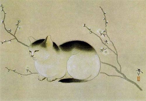 Uma pintura que retrata um gato em um galho. Não se sabe com certeza se é um gato macho ou fêmea. O gato ocupa o centro da tela, está em posição semi-recunda ou semi-recostada (sentado com as pernas dobradas em baixo dele, os olhos fechados) voltado para a esquerda. O gato é arredondado, tem pelos pretos no alto da cabeça, nas costas e na ponta do rabo, e os demais pelos são amarelados. O galho em que o gato se recosta é desproporcionalmente fino, começa do lado direito da tela se se ramifica até alcançar o gato. No canto inferior esquerdo, encontra-se inscrito um ideograma japonês. O título da tela pode ser traduzido como Gato ou Gata.