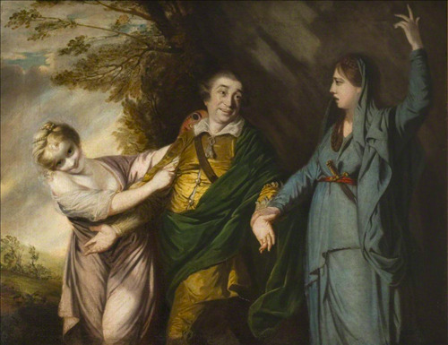 Uma pintura que retrata um homem entre duas mulheres. À esquerda, uma das mulheres, de roupa clara e cabelos loiros, puxa o homem pelo tronco para a esquerda enquanto olha sorrindo na direção de quem observa a cena. À direita, a outra mulher, de roupa escura e cabelos castanhos, segura o homem pelo punho com uma das mãos enquanto aponta para o alto com a mão livre. O homem, vestido de dourado, está no centro da pintura. O homem mantém os braços abertos e descidos, com as palmas das mãos viradas para cima. Ele direciona os olhos para a mulher morena que aponta para cima enquanto seu corpo se deixa levar pela mulher loira que olha sorrindo. O título da tela pode ser traduzido como o escritor Garrick (o nome do homem) entre a tragédia (representada pela mulher à direita) e a comédia (representada pela mulher à esquerda), sendo a tragédia e a comédia dois gêneros literários opostos.