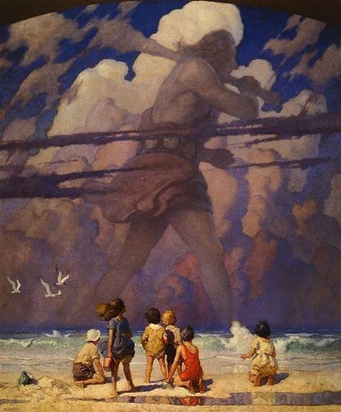 O quadro retrata uma cena fantástica em uma praia. No primeiro plano, na parte debaixo da tela, um grupo de seis crianças estão de costas para o observador, observando uma figura em segundo plano. Em segundo plano, no centro da tela, indo do topo dela até quase a base, há o perfil de um gigante segurando um enorme tacape enquanto caminha da direita para a esquerda da tela, como se não tivesse visto as crianças. Três gaivotas brancas voam no espaço entre as crianças e o gigante, intensificando a sensação de enormidade deste último. O quadro não tem um título. Seu autor, o desenhista N.C. Wyeth, era famoso por ilustrar livros infantis de fantasia e aventura entre o final do século XIX e início do século XX.